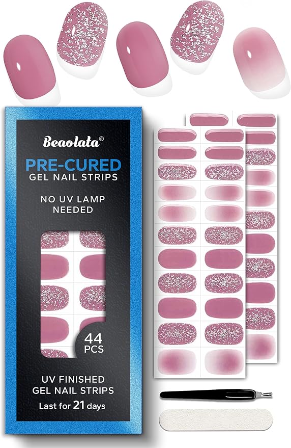 Real Gel Nail Strips (No UV Light Needed) - 44Pcs Salon Quality Nail Stickers - Long Lasting Polish Wraps for Women, Easy Apply & Remove (Muted Pink)