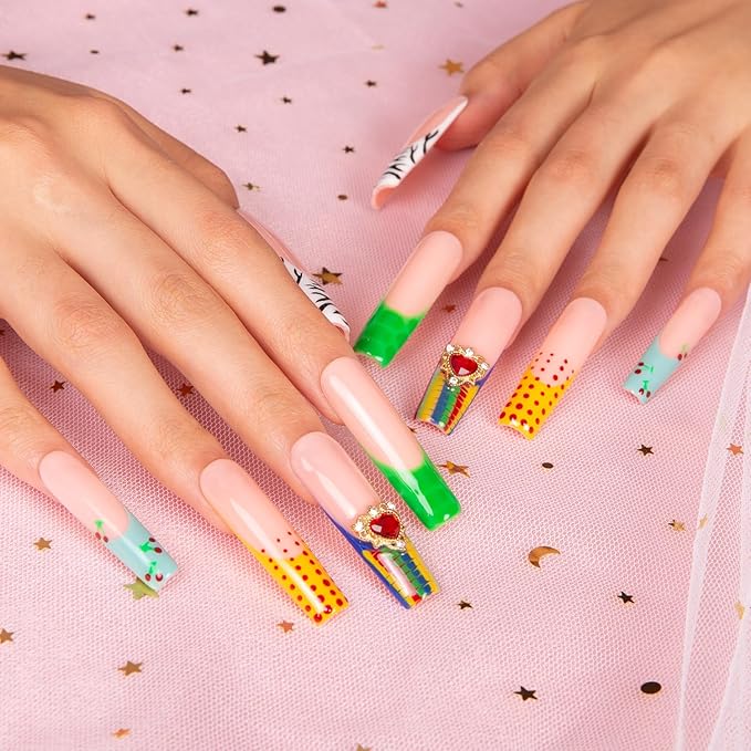 LOVFUL Press on Nails The Wonderful Meadow | Handmade with Full Covered Crystals | Reusable Fake Nails | Square Mid length 1.7in | H224-S