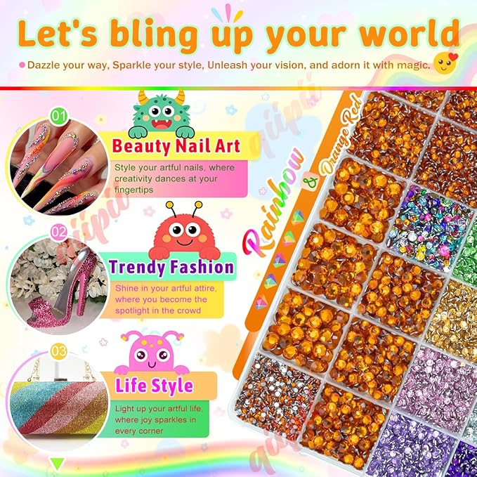 28 Grids Orange Red 2mm-6mm Resin Rhinestones w B7000 Glue for Bedazzling Crafting Flatback Stones Diamonds Crystals Gems Colorful Bedazzler Kit for Nails Face Eyes Makeup Tumblers DIY Crafts