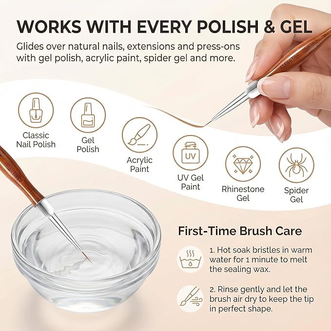 5 Pcs Nail Art Liner Brushes, Wooden Handle Striping Brushes for Ultra Fine Lines, Plaid & Floral Detailing, Gel Polish & Acrylic Painting, 5/8/12/15/20mm (Wood Color)