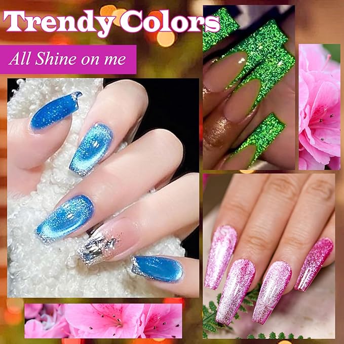 12Pcs Glitter Cat Eye Gel Nail Polish, Magnetic Cat Eye Gel Polish Set with Magnet + Reflective Glitter Gel Polish Set Christmas Manicure Kit 10 Colors