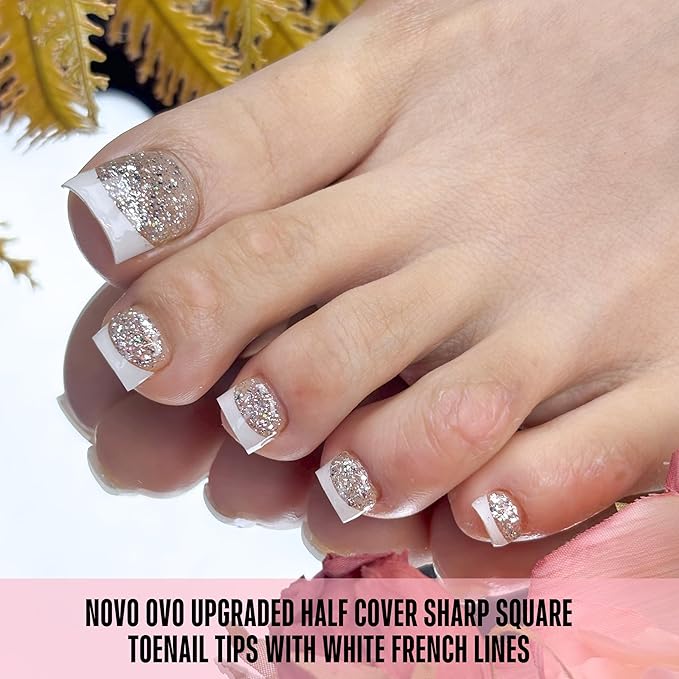 NOVO OVO White French Tip Half Cover Toe Nail Tips, Clear Soft Gel with Auxiliary Line for Fake False Toenail Extension, Sharp Square Medium Wide for Men Women Acrylic pedicure x15 Sizes 240 Pcs