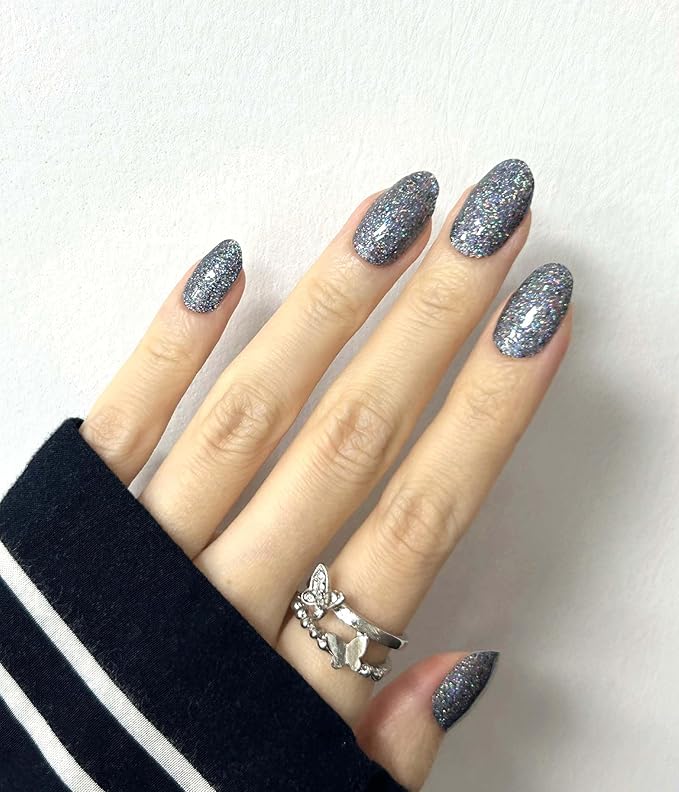 Nail Polish Strips (No UV Lamp Needed) - 22 Pcs Salon Quality Gel Nail Stickers - Long Lasting Wraps (Mystery Black Glitter)