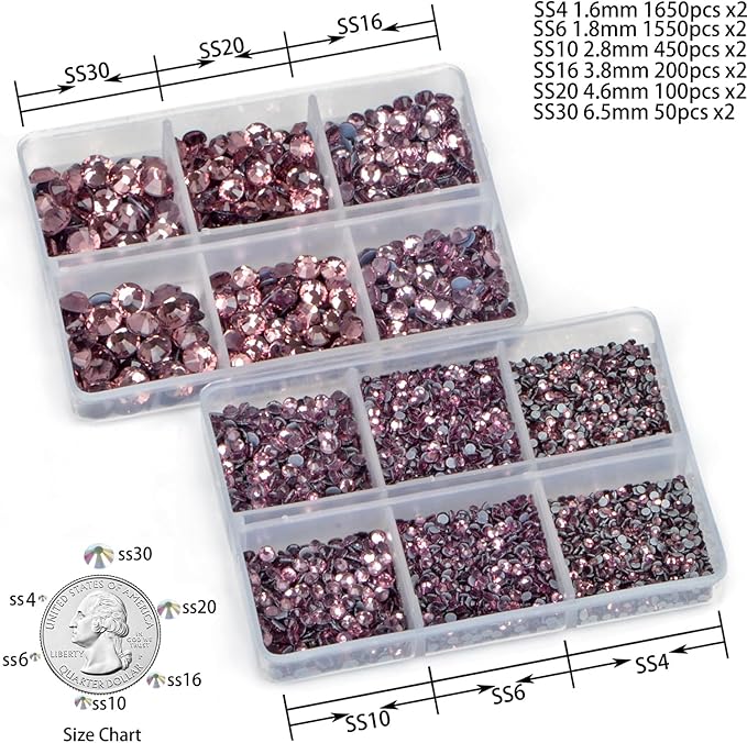 8000pcs Hotfix Rhinestones Flatback,Rhinestones for Crafts Clothes Mixed 6 Sizes, Hotfix Crystals with Wax Pencil Kit, SS4-SS30,Lt. Amethyst