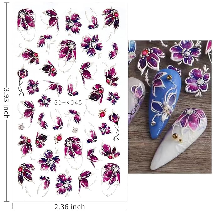 Nail Art Stickers, 5D Embossed Colorful Floral Nail Decals Nail Art Design Self Adhesive Nail Supplies for Women Manicure Decoration