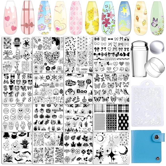 Biutee Nail Stamping Plates Set 16PCS Nail Stamper Kit with Nail Stamper, Scraper & Storage Bag Nail Art Stamping Plates Butterfly Star Flower Leaf Bowknot Design Nail Stamping Kit