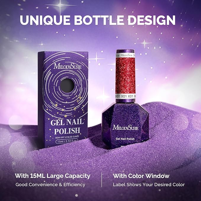 MelodySusie Galaliver Red Glitter Gel Nail Polish, 15ML Sparkly Shimmer Christmas Red Gel Polish Soak Off UV LED Cured Long Lasting Gift for Women DIY Nail Design Nail Art Manicure X01