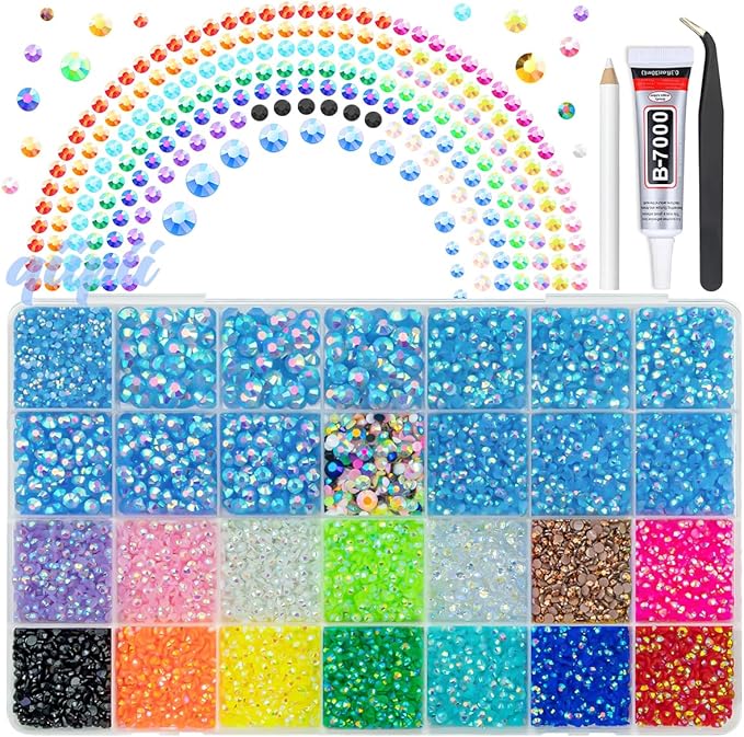 Light Blue AB Resin Rhinestones w B7000 Glue for Crafting Bedazzling 2mm-6mm Flatback Colorful Jelly Stones Diamonds Gems Bedazzler Kit for Nails Face Eyes Makeup Tumblers Bottles Crafts Shoes