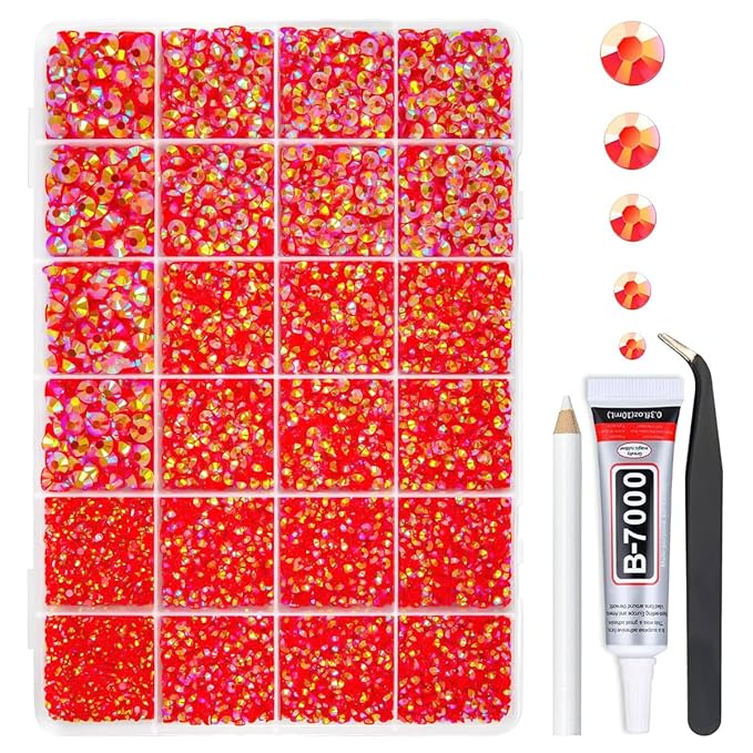 Red AB Resin Rhinestones w B7000 Jewelry Glue for Bedazzling Crafting 2mm 3mm 4mm 5mm 6mm Flatback Jelly Stones Diamonds Gems Bedazzler Kit for Nails Face Eyes Makeup Tumblers Bottles Crafts