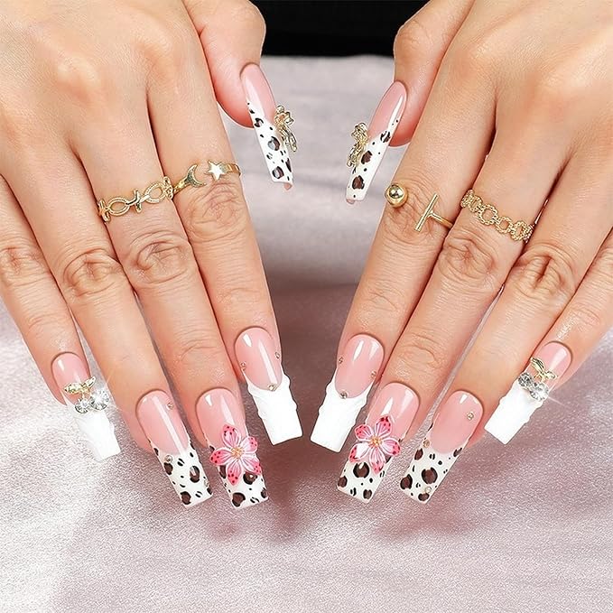 White French Tip Press on Nails Handmade Press on Nails 3D Flower and Rhinestones Bow Embossed Designs Long Coffin Spring Summer Fake Nails Muti-Layer Gel False Nails for Women Nails DIY (Size S)