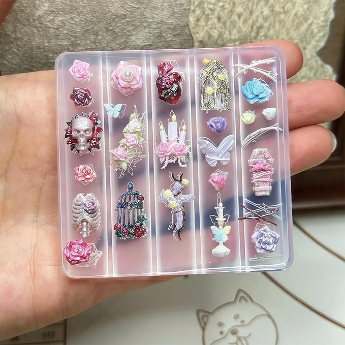 Gothic Nail Art Molds Kit - 3D Skull Rose Butterfly Designs DIY Manual Manicure Decoration Halloween Individual Nail Molds