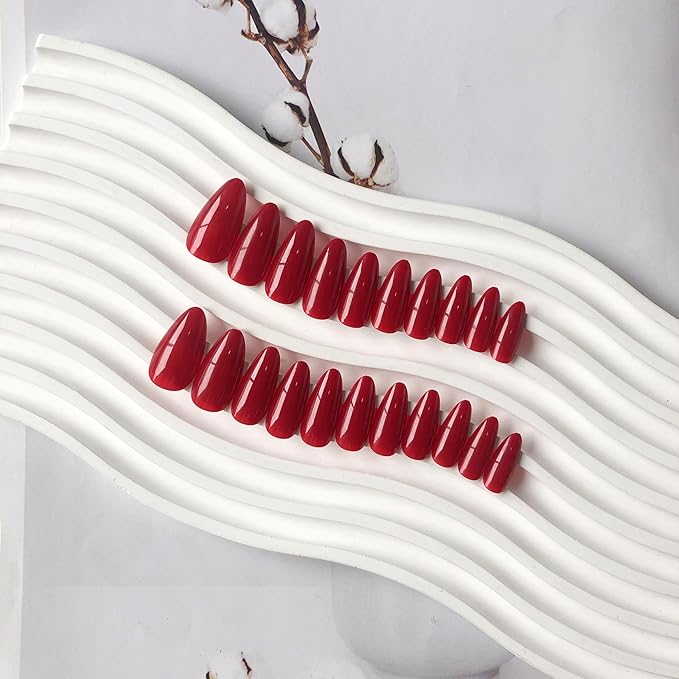 Red Wine Press On Almond Shaped Medium Nails - Neutral Acrylic, Reusable Fake Nails for Women Girls, Glue On Stiletto False Nails, Soft Gel Artificial