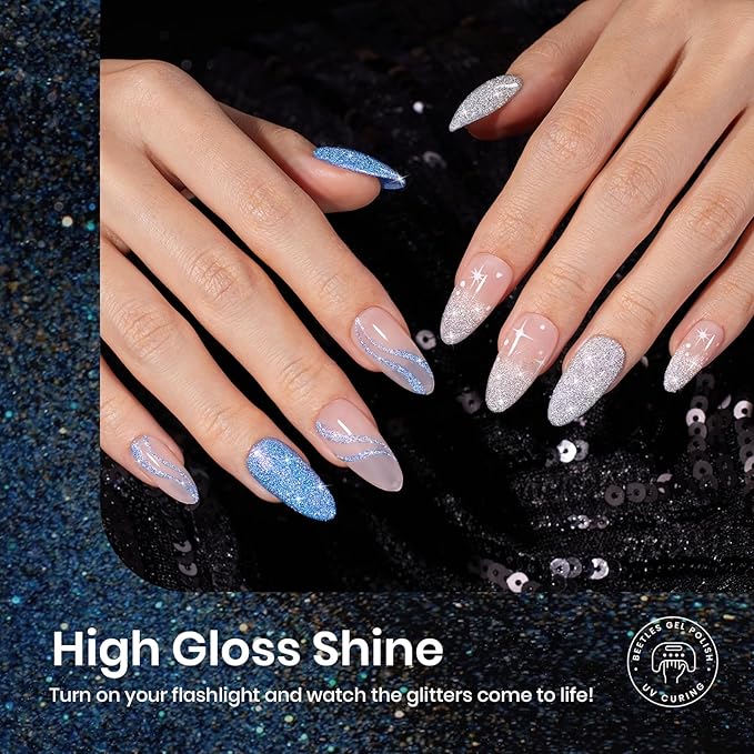 Beetles Reflective Glitter Gel Nail Polish Kit Gel Polish 6 Colors Holographic Sparkle Flash Dimond Sliver Gold Soak Off UV LED Manicure Gift for Women Girls Midnight Sparkling