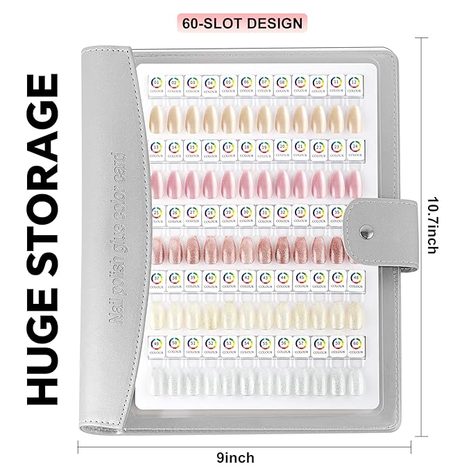 60 Magnetic Nail Swatch Book,Leather Nail Color Display Book with 72 Magnetic Tips & Number Labels,Professional Nail Salon Color Display Book for Easy Preview & Storage Silver