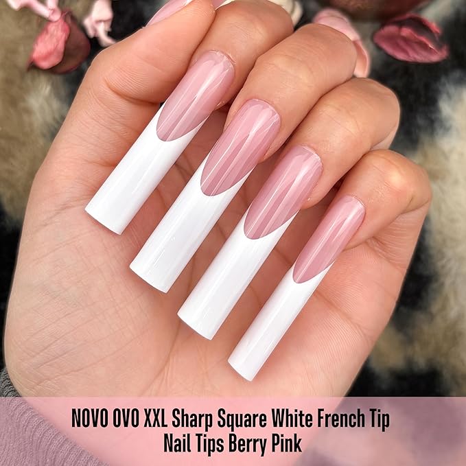 NOVO OVO XXL Square Nail Tips - 150Pcs Soft Gel Nail Tips, Pre-Colored Berry Pink White French Tip, No C Curve Straight Acrylic False Nails for Extension, PMMA Gel X Tips Press on Nails Kit (15 Sizes)