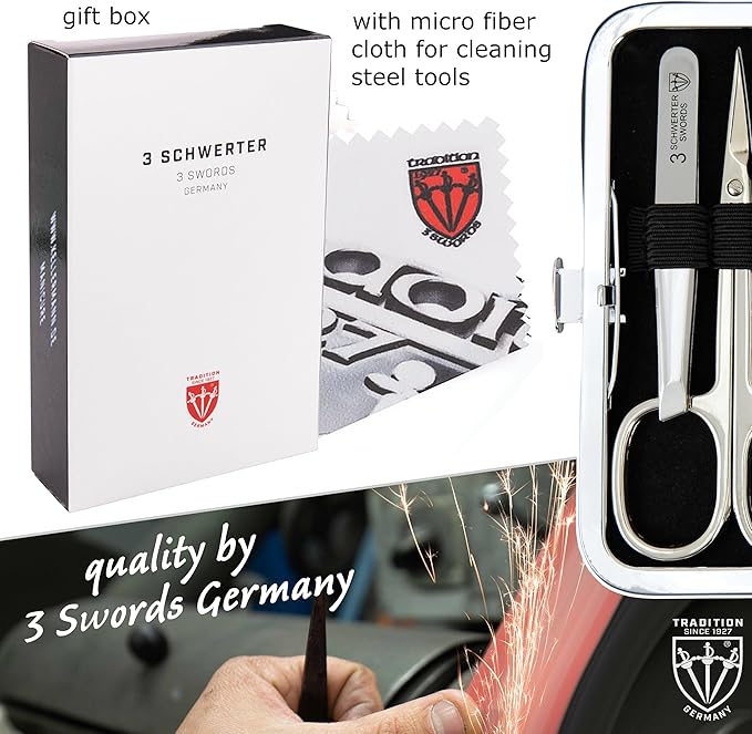 3 Swords Germany - Brand Quality 6 Piece Manicure Pedicure Grooming kit Set - Scissors, Metal and Glass Nail File, Clipper, Tweezers with Synthetic Leather case - red