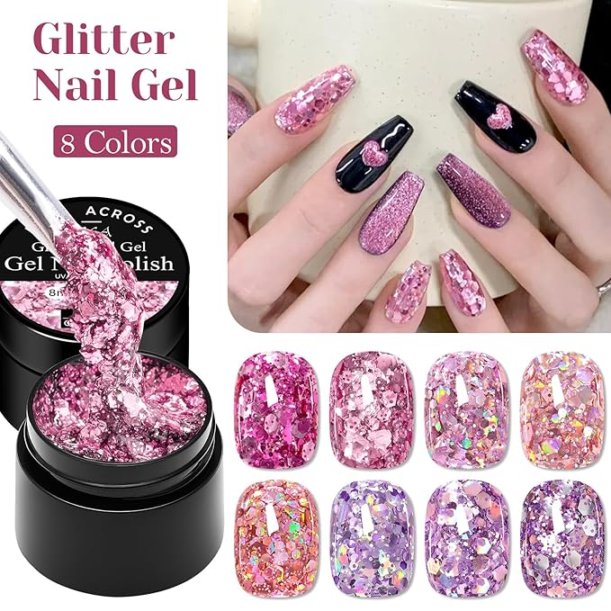 MEET ACROSS 9Pcs Glitter Sequins Gel Nail Polish Sparkly Shiny Pink Purple Gel Polish Set with 1Pc Nail Brush Nail Gel Nail Art Manicure Salon Kit 8 Colors