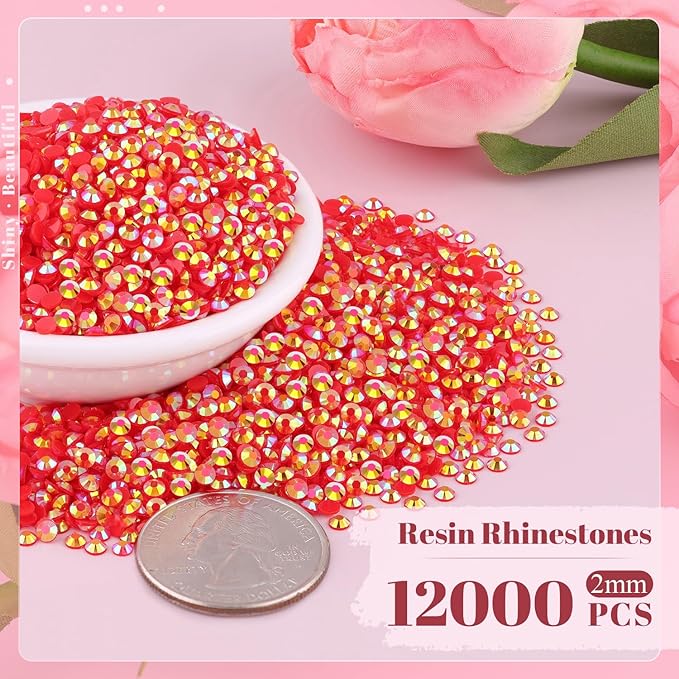 12000PCS 2mm Resin Jelly Rhinestones in Bulk (Red AB), Bedazzling Flatback Crystals Rhinestones for Crafting DIY Nail Decoration, Gems Diomand Charms for Tumbler Shoes Clothing Fabric