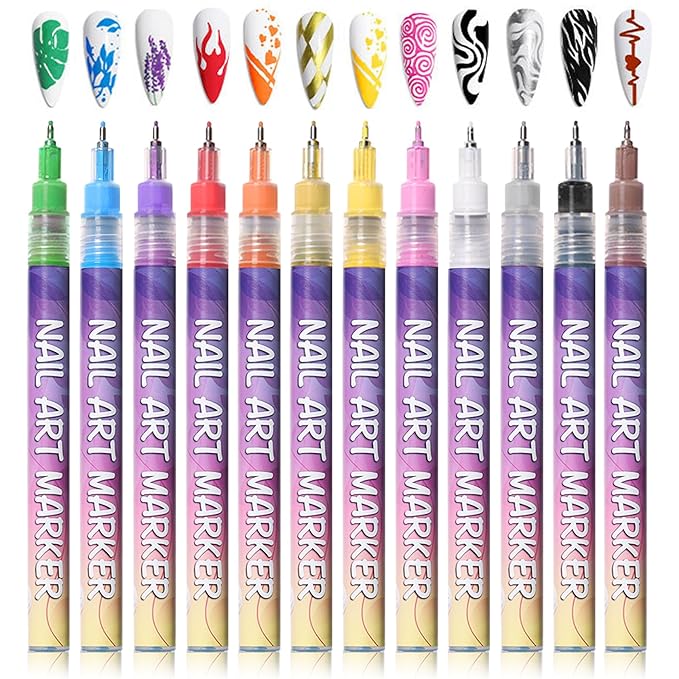 Nail Art Pens Set Fine Tips 3D Nail Polish Pens Acrylic Paint Nail Drawing Liner Dotting Quick Drying Nail Art Markers Kit Tools for Professional Nail Art Design(12 Colors 0.5mm)