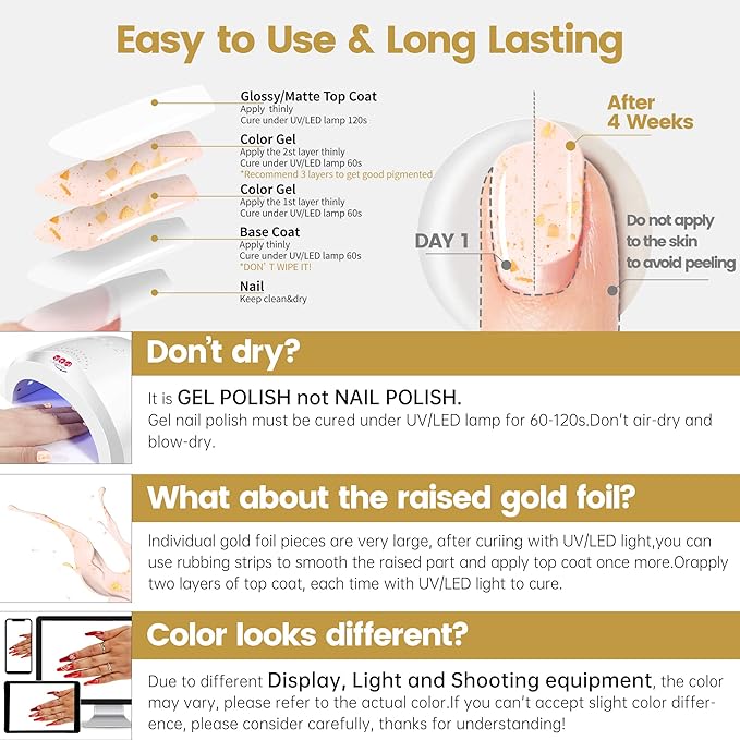 YTD Likomey Nude Gel Nail Polish,15ml Nude Pink Gold Foil Translucent Neutral Jelly Sheer Gold Flakes Pastel Pink Glitter Salon Home DIY Nails Art UV Nail Gel Varnish,LS09