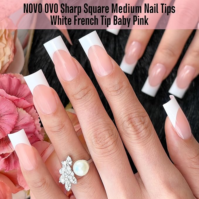 NOVO OVO Medium Sharp Square White French Tip Nail Tips Press on BABY PINK, Extra Thick NEED Builder Gel & Top Coat & Glue, Soft Gel Full Cover False Fake Nail Extension in Salon DIY x 15 Sizes 180 pc