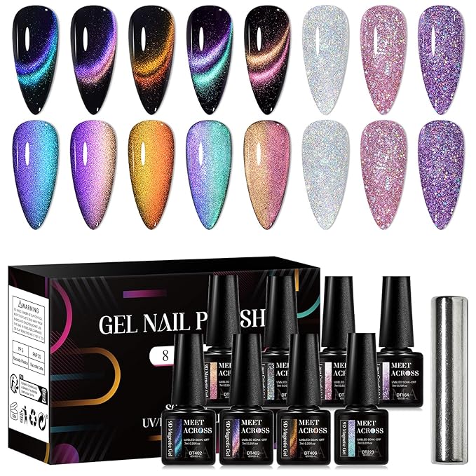 MEET ACROSS 8pcs Nail Polish Set, Soak off UV LED Lamp Cat Eye Gel Set Home Manicure Kit 7ml (Glitter + 9D Cat Eye Gel)