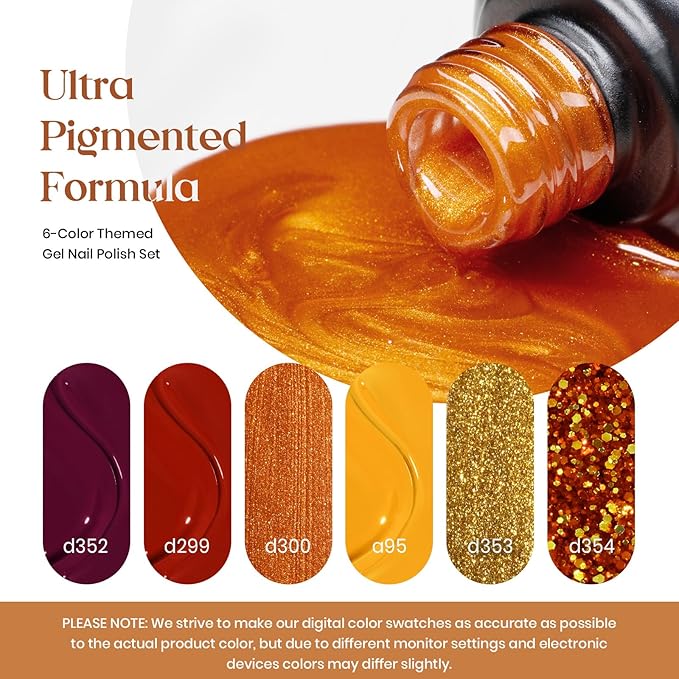 beetles Gel Polish Set Gel Nail Polish 6 Colors Burgundy Brown Yellow Glitter Orange Gold Nail Polish UV LED Nail Lamp Home DIY Manicure Nail Art Gift for Women Golden Blessing