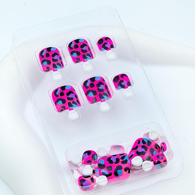 Leopard Print Press on Toenails Short Square Fake Toe Nails with Pink Spotted Leopard Designs Glossy Acrylic Artificial Full Cover False Stick on Toenails for Women Decoration 24Pcs