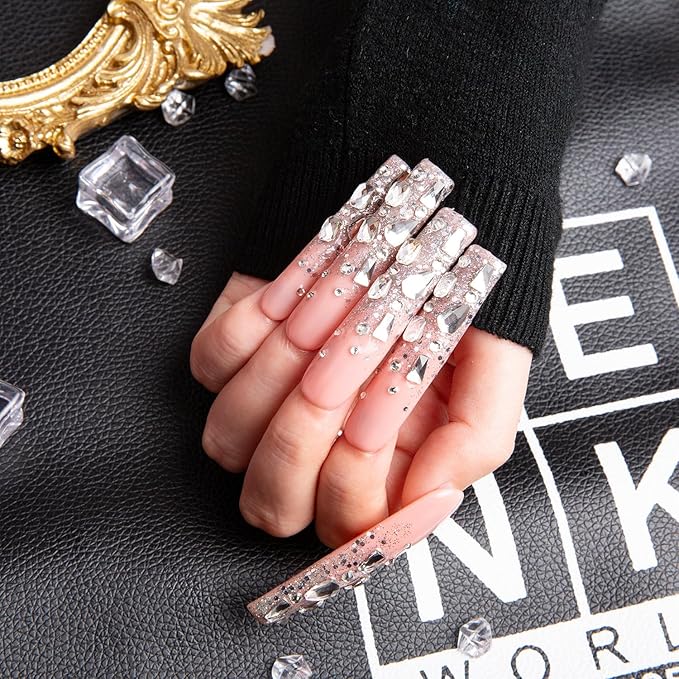 LOVFUL Stunning Bling Nails,Crystal Detailed Diamonds Press On Nails | Custom Shape | Glitter Rhinestone Nails | Gradient Pink Fake Nails| Square Long 2.2 in | H126 (M)