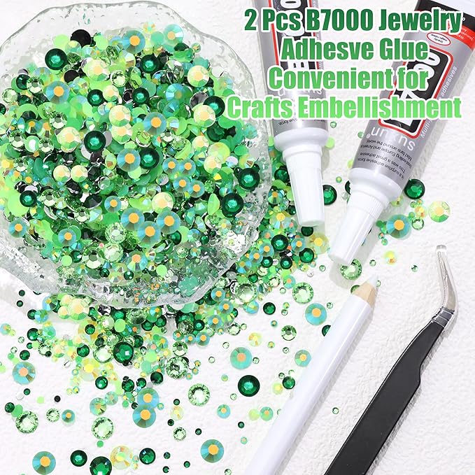 RODAKY 30000Pcs Green Rhinestone Flatback Gems for Bedazzling 2/3/4/5/6mm Resin Jelly Rhinestones 2PCS 10ml B7000 Jewelry Glue Making Kit Crystal Beads for DIY Craft Clothing Shoes
