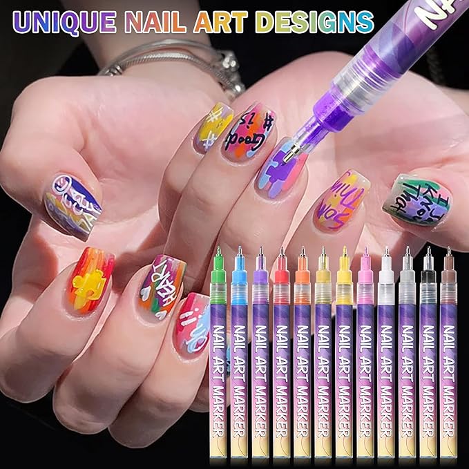 Nail Art Pens Set Fine Tips 3D Nail Polish Pens Acrylic Paint Nail Drawing Liner Dotting Quick Drying Nail Art Markers Kit Tools for Professional Nail Art Design(12 Colors 0.5mm)