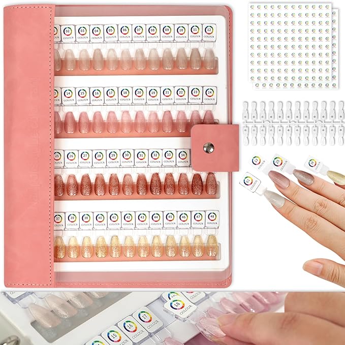 96 Magnetic Nail Color Book,Leather Magnetic Color Display Book with 96PCS Magnetic Tips & 1-120 Number Labels,Perfect for Nail Polish Nails Art Design(Pink)