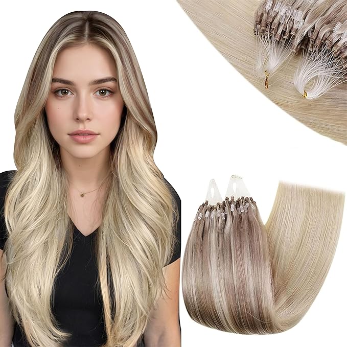 RUNATURE 22 Inch Micro Link Hair Extensions Human Hair Blonde Balayage Micro Ring Hair Extensions Real Hair Straight Soft Hair for Women Ash Blonde to Platinum Blonde 50G 50S