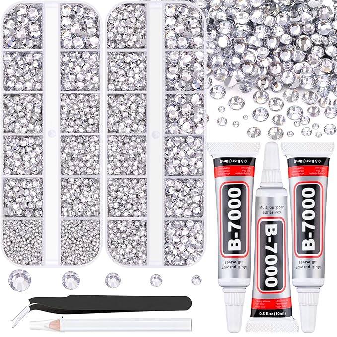 Resin Rhinestones for Crafting with B7000 Jewelry Glue, 2 Boxes Silver Clear Flatback Crystals with 3Pcs 10ml Glue for Bedazzling Crafts DIY Nail Art Makeup，Gems for Clothing Shoes