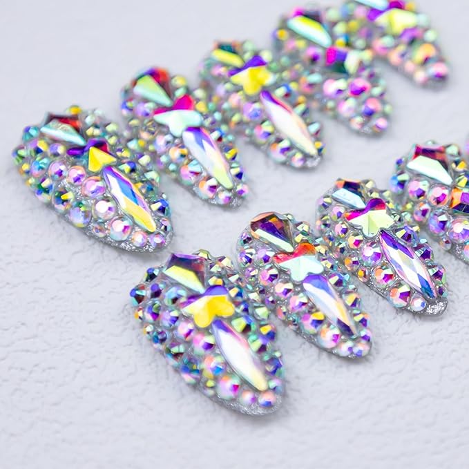 10 Pieces Handmade Press On Nails Medium Almond, Thickened False Nails With Rhinestone Design, Reusable Fake Nails Almond, Reusable Acrylic Nails (L)