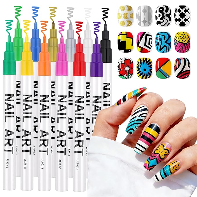 Kalolary 12 Color 3D Nail Art Pens Set, Nail Polish Pens 0.7MM Fine Tip Acrylic Paint Pen Nail Art Markers Quick-Dry Nail Art Tools for Dotting Drawing Painting DIY Nail Art Beauty Manicure(G)
