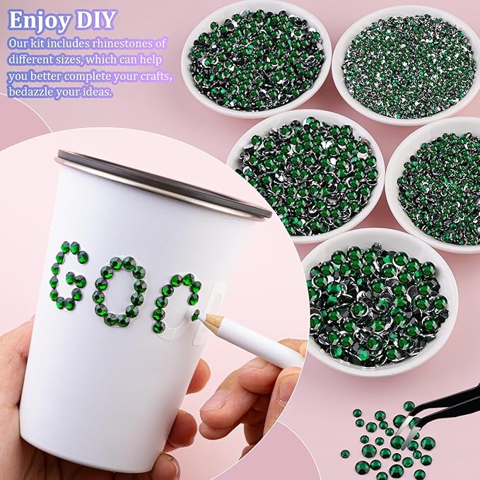 30000Pcs Resin Rhinestones with Tweezers for Crafting, Emerald Green Flatback Gems, Bedazzling Crystal with 3Pcs 10ml B7000 Jewelry Glue for DIY Crafts Clothing Tumblers Shoes Fabric Nail Art