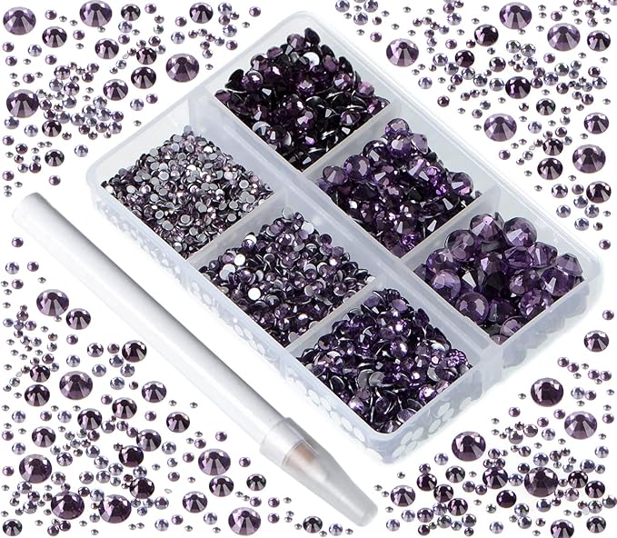 Bymitel 5000 Pieces 6 Mixed Sizes Glue Fix on Glass Rhinestones Round Crystal Gems Flatback for DIY Jewelry Making with one Picking Pen(6-Sizes 5000PCS, Tazanite)