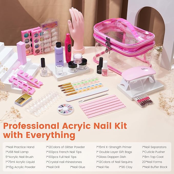 Nail Kit for Beginners with Everything: Practice Nail Hand Acrylic Set Professional Powder Liquid Starter Kits with Drill U/V Lamp in Cosmetic Gift Bag for Salon Home (Sparkling Pink)