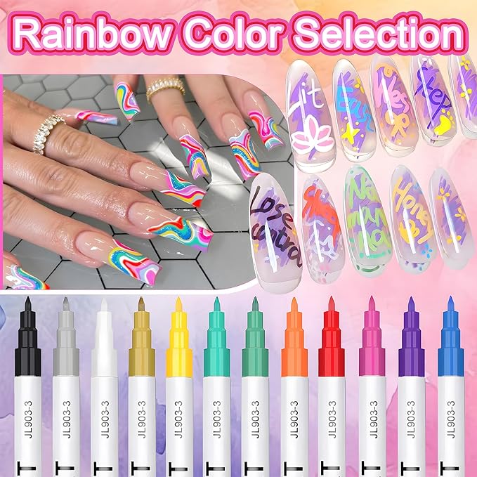 Nail Art Pens for Nail Painting, 12 Colors 0.7mm Nail Art Marker Pens for Valentine' Day Painting Nail Point Graffiti Dotting Liner Pen for Home Salon Quick Dry Manicure