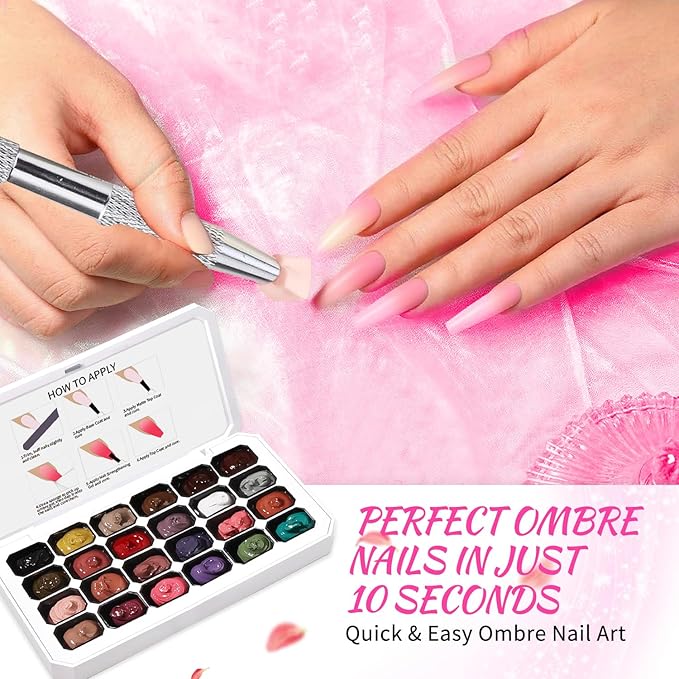 24 Colors Ombre Gel Nail Polish Set,Ombre Pigment for Nails,Gradient Painting Blooming Gel with 100Pcs Nail Sponges for 3D Gels Nail Art can be Painted in Salon or Home Use