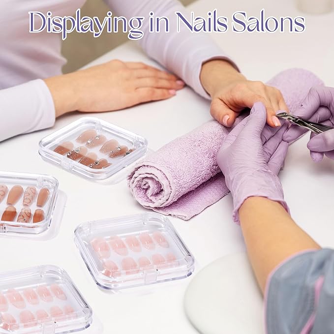 ISKYBOB 12 Packs Press On Nails Storage Boxes, Fake Nails Packing Cases with Tape Clear Nail Display Box for Home DIY, Nail Salon (3.3 x 3.3in)