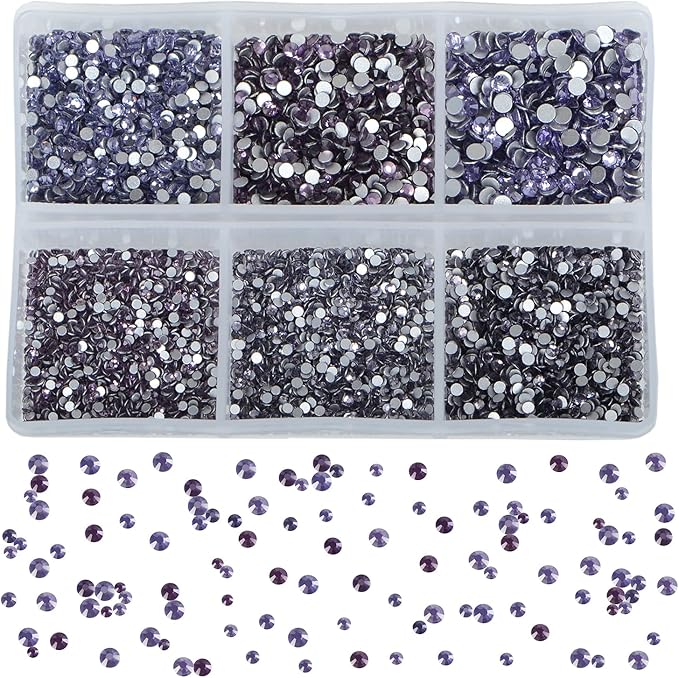 Bymitel 7200 Pieces 6 Mixed Sizes Glue Fix on Glass Rhinestones Round Crystal Gems Flatback for DIY Jewelry Making with one Picking Pen(6-Sizes 7200PCS, Tazanite)