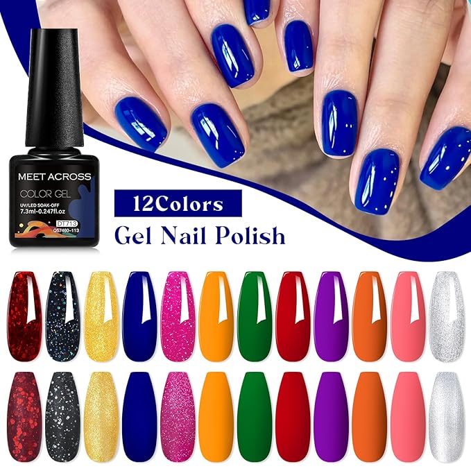 MEET ACROSS 12pcs Gel Nail Polish Set,Soak Off UV LED Lamp Gel Nail Polish Kit,Fashion Shimmer Nail Art Design Gifts for Women Manicure Salon (Base Series)