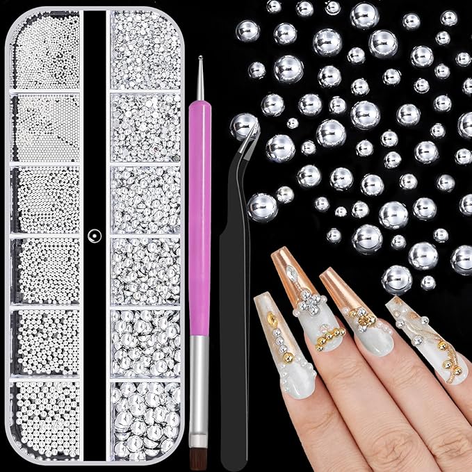 Silver Caviar Nail Beads and Nail Pearls, Mixed Size Half Round Flatback Pearl Silver Balls Nail Charms for Nails with Pickup Tools for Nails Face Eyes Makeup(33-K1-6)
