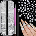 Silver Caviar Nail Beads and Nail Pearls, Mixed Size Half Round Flatback Pearl Silver Balls Nail Charms for Nails with Pickup Tools for Nails Face Eyes Makeup(33-K1-6)