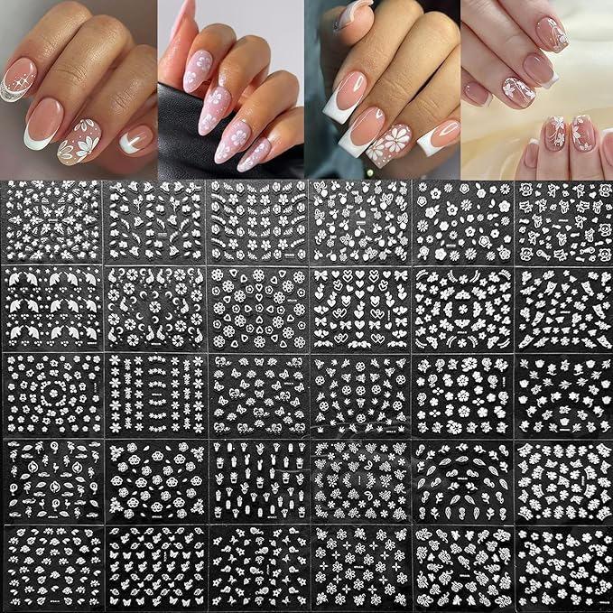 30 Sheets White Flower Nail Art Stickers 3D Self Adhesive Floral Nail Decals Flower with Rhinestones Nail Art Supplies White Flower Nail Stickers for Women Girls Manicure Decoration