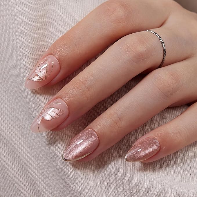 VSALON Press On Nails Short Almond - Pink Cat Eye Semi-Transparent Metallic Butterfly Design Fake Nails, Reusable Soft Gel Glue on Nails with Glue & Cuticle Oil - Valentines Gifts for Women