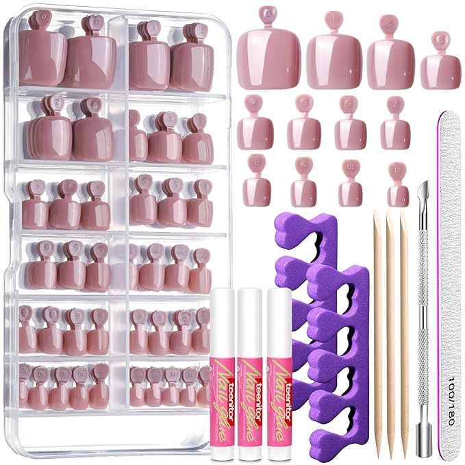 Teenitor Press on Toenails for Women with Glue, 120cps Coffee Toe Nail Press ons Fake Toe Nails Tips, Toe Press on Nails Short Square Toenail Press Ons, Acrylic Toe Nail Kit