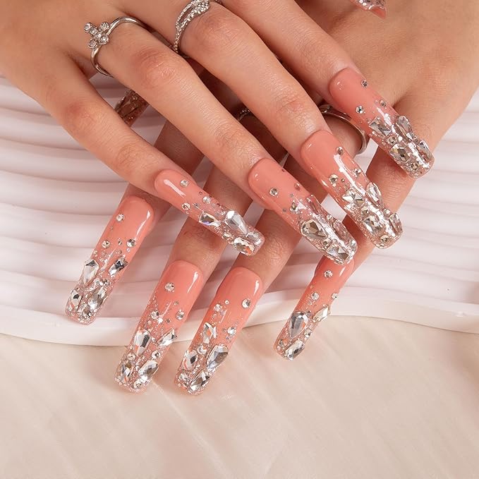 LOVFUL Press on Nails Silver Wind| Handmade with Full Covered Crystals| Reusable Fake Nails| Square Mid length 1.7in| H126-S